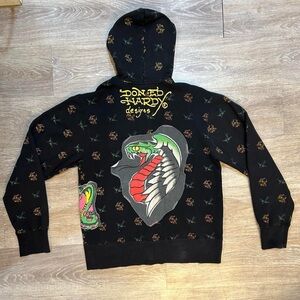 Ed Hardy Black Hoodie embroidered Snake Graphic all over print y2k